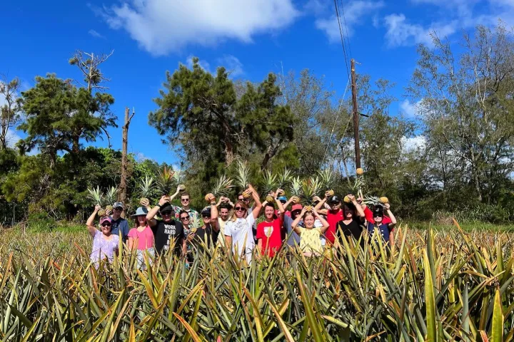 a group of people standing on top of a grass covered field